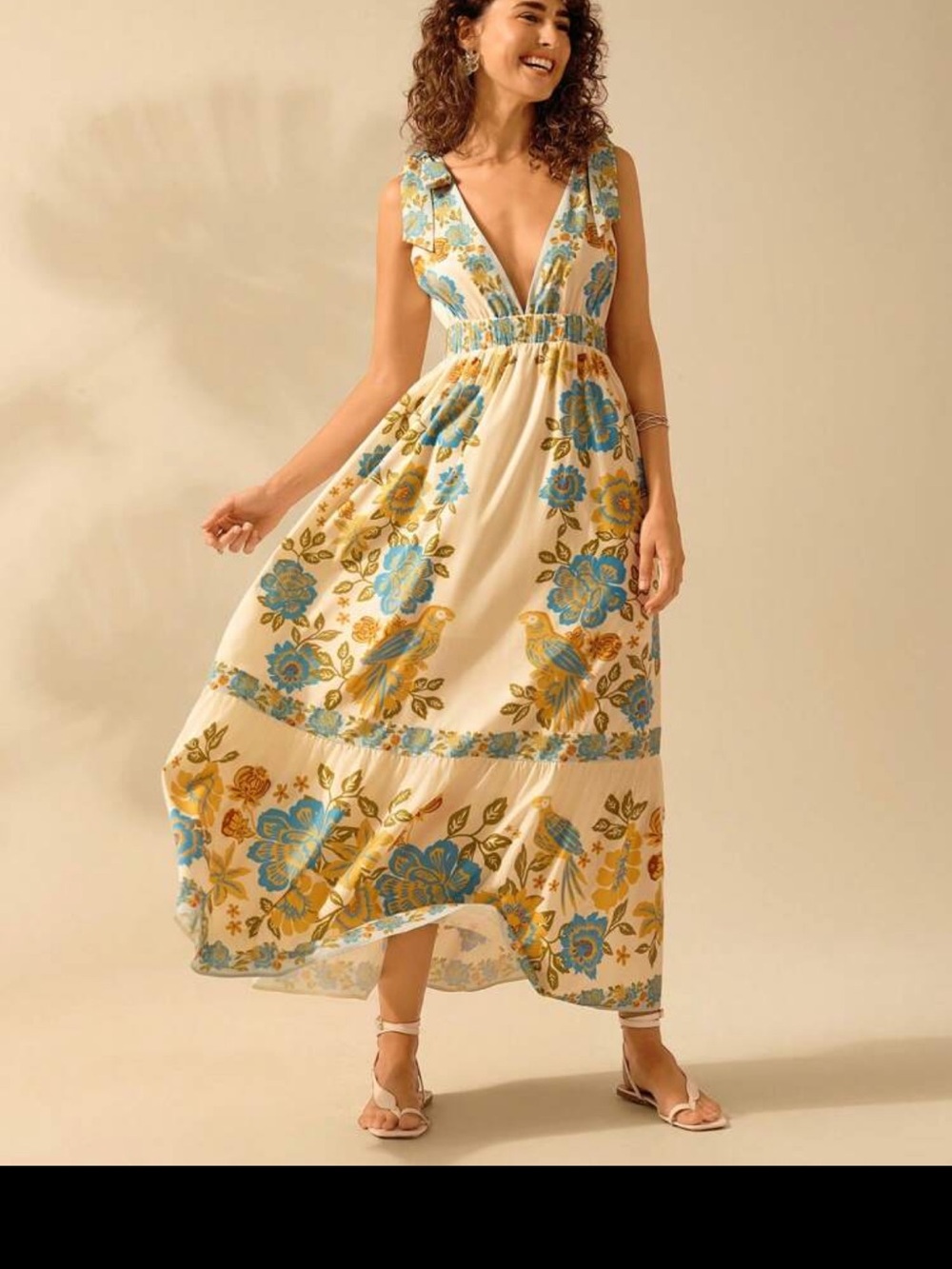 Cajuni Women’s Deep V SleevelessFloral Tie-Shoulder Maxi Dress in Ivory and Blue